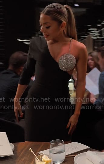 Jade’s black asymmetric dress with crystals embellishment on Owning Manhattan