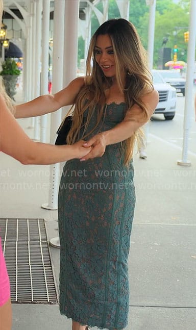 Jade’s green lace midi bustier dress on Owning Manhattan