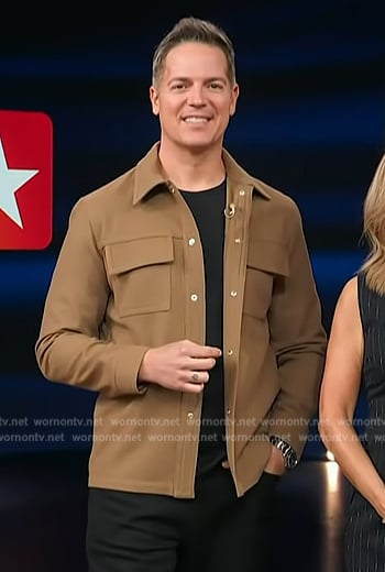 Jason’s brown button jacket on Access Hollywood
