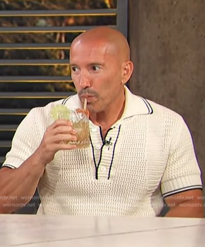Jason’s white knit polo on Access Hollywood