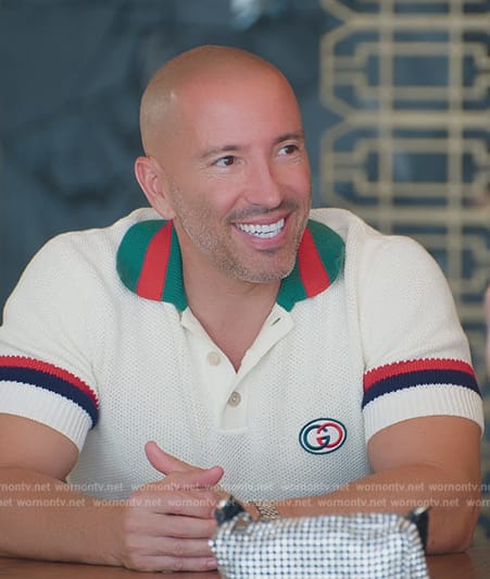 Jason’s white contrast knit polo on Selling Sunset
