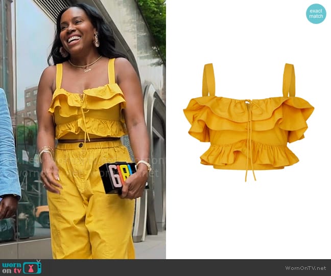 Jason Wu Ruffle Crop Top worn by Tricia Lee Riley on Owning Manhattan
