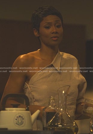 Jax’s beige one-shoulder shirtdress on Reasonable Doubt