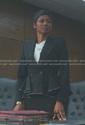 Jax’s white top and black peplum blazer on Reasonable Doubt