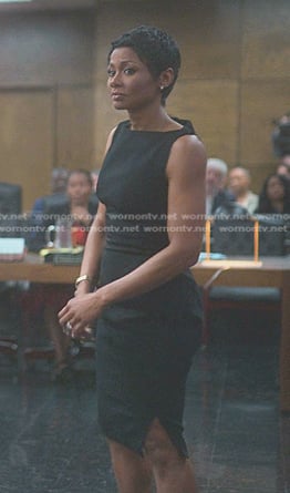 Jax’s black sleeveless sheath dress on Reasonable Doubt