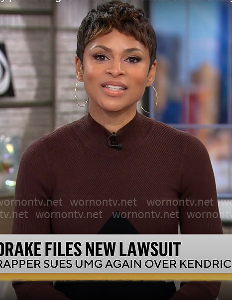 Jericka Duncan’s brown and black rib knit dress on CBS Mornings