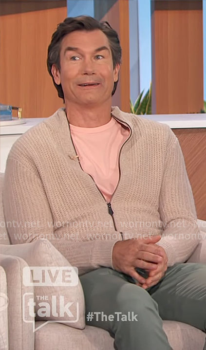 Jerry’s beige knit zip up cardigan on The Talk