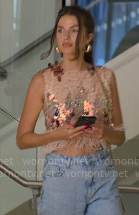 Jess’s sequin feather trim top on Owning Manhattan