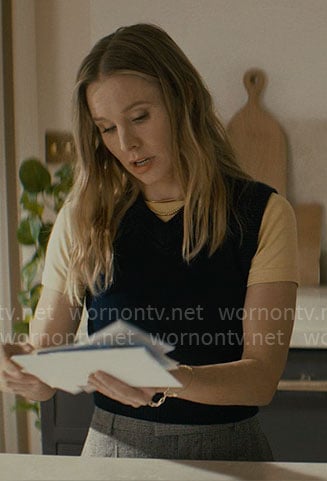 Joanne’s yellow t-shirt and navy sweater vest on Nobody Wants This