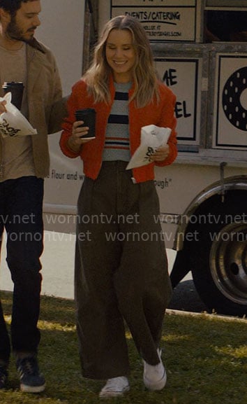 Joanne’s blue striped knit top and red bomber jacket on Nobody Wants This