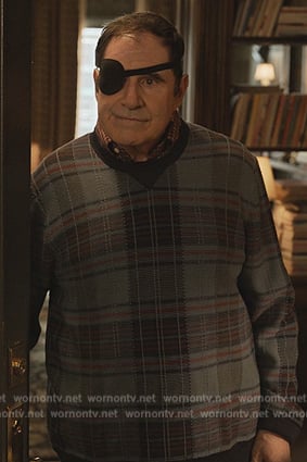 Joe’s blue plaid sweater on Only Murders in the Building