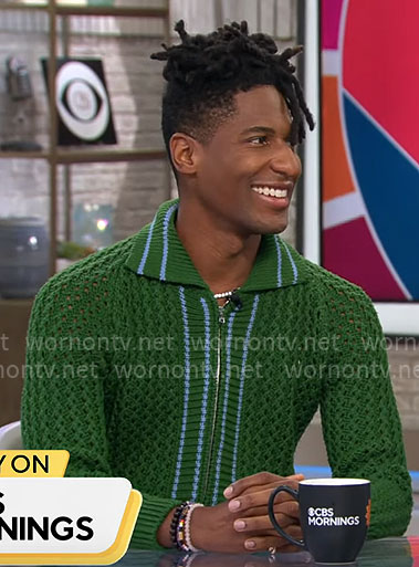 Jon Batiste’s green knit cardigan on CBS Mornings