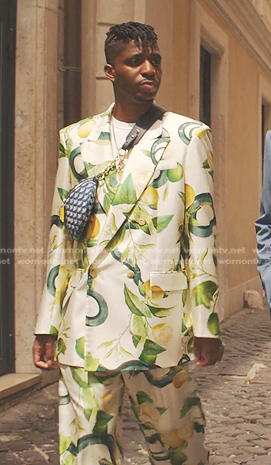 Julien’s lemon print blazer and pant suit on Emily in Paris