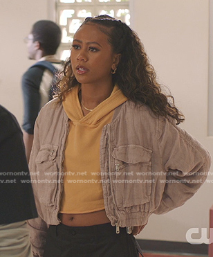 Keisha’s beige gauze bomber jacket on All American Homecoming