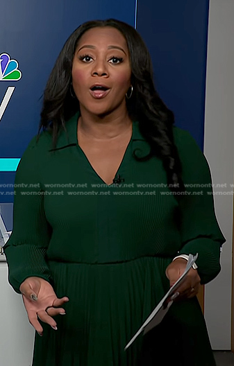 Kay’s green pleated tie waist dress on NBC News Daily