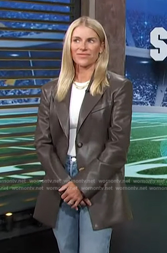 Kelly Stafford’s leather blazer on Access Hollywood