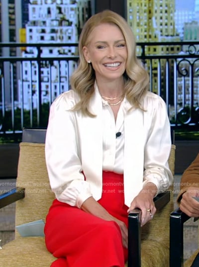 Kelly’s white tie neck blouse on Live with Kelly and Mark