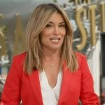 Kit’s red ruched sleeve blazer on Access Hollywood