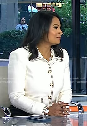 Kristen’s white contrast trim jacket on Today