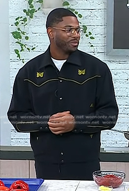 Kwame Onwuachi’s black butterfly embroidered shirt on Today