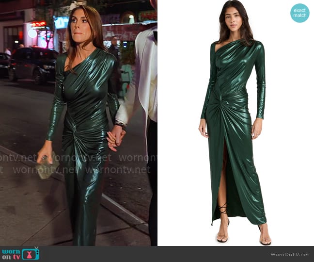 Lapointe Coated Jersey Asymmetric Draped Sarong Dress in Forest worn by Emilia Bechrakis Serhant on Owning Manhattan