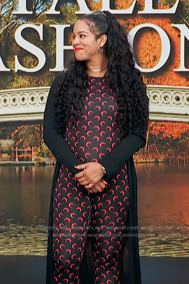 Lauren Messiah’s black moon crescent bodysuit on Access Hollywood
