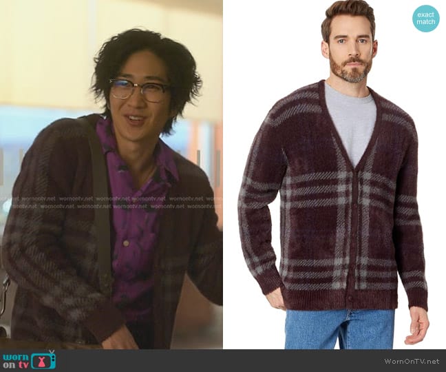 Levi's Fluffy Sweater Cardigan in Henri Printed Plaid Allspice worn by Daniel Kim (Tim Jo) on Reasonable Doubt