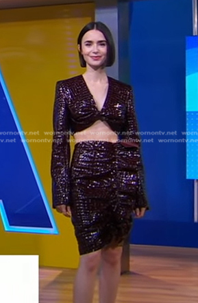 Lily Collins’ brown croc cropped top and skirt on Good Morning America