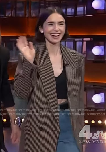 Lily Collins’s oversized check blazer on The Kelly Clarkson Show