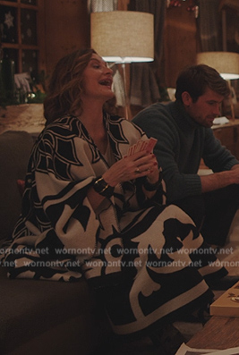 Louise’s black and white printed coat on Emily in Paris