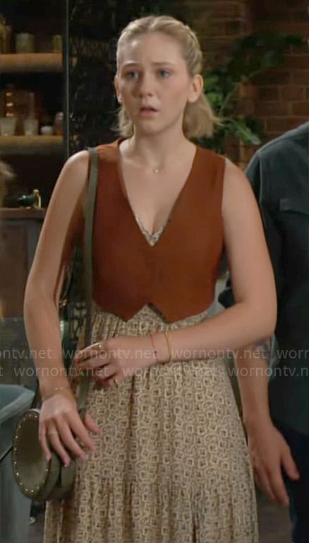 Lucy’s beige paisley maxi dress and cropped vest on The Young and the Restless