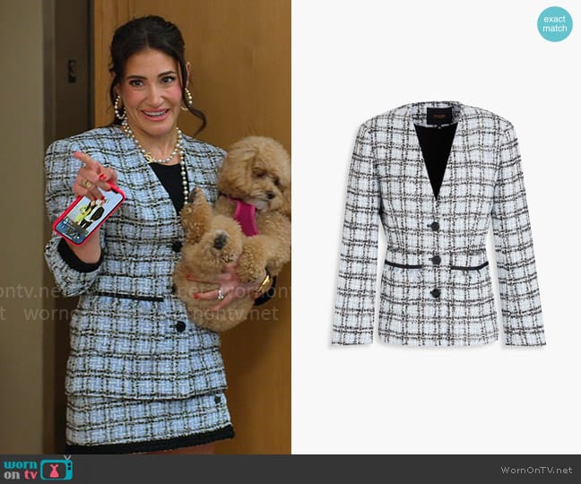 Maje Frayed metallic tweed jacket worn by Chloe Tucker Caine on Owning Manhattan