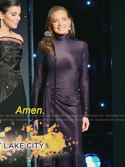 Meredith’s purple satin gathered dress on The Real Housewives of Orange County