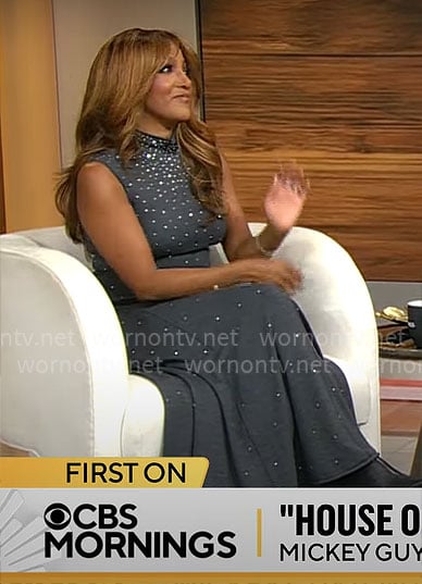 Mickey Guyton’s grey embellished maxi dress on CBS Mornings