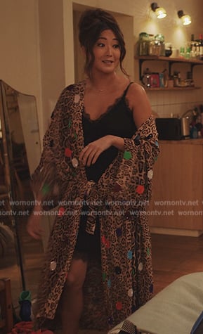 Mindy’s leopard print polka dot kimono on Emily in Paris