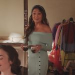 Mindy’s blue off shoulder button front dress on Emily in Paris