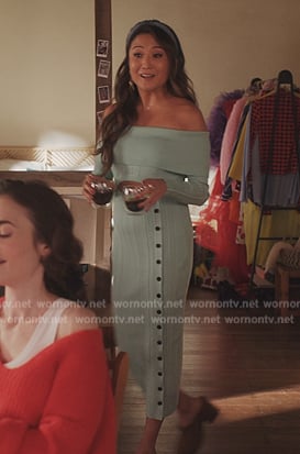 Mindy’s blue off shoulder button front dress on Emily in Paris
