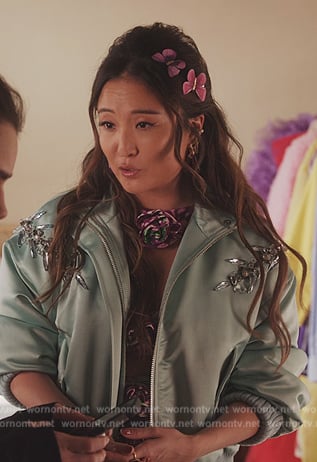 Mindy’s green embellished bomber jacket on Emily in Paris