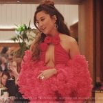 Mindy’s red ruffle coat and mini dress on Emily in Paris