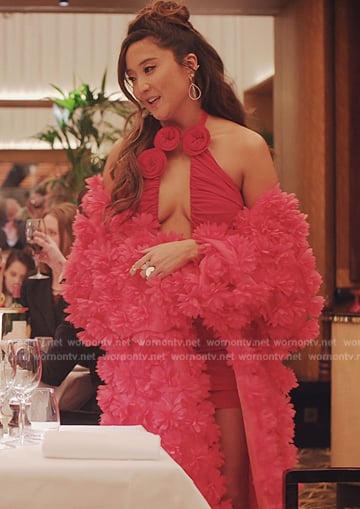 Mindy’s red ruffle coat and mini dress on Emily in Paris