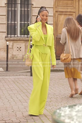 Mindy’s yellow cropped blazer and pants on Emily in Paris