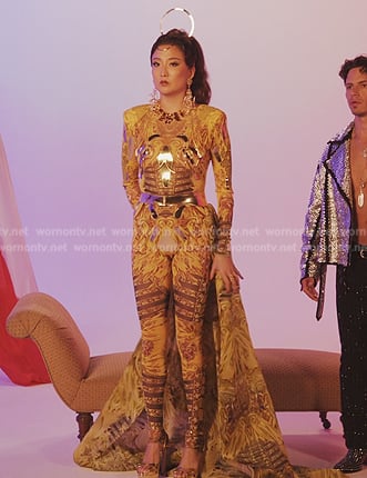 Mindy’s yellow embellished jumpsuit on Emily in Paris
