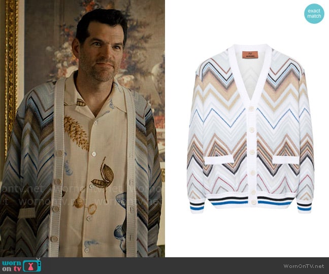 Missoni Zigzag-woven knitted cardigan worn by Sasha Roklov (Timothy Simons) on Nobody Wants This