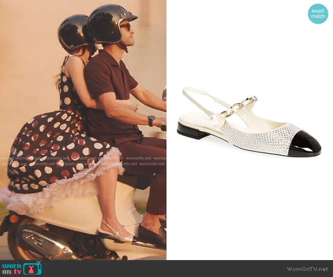 Miu Miu Imitation Pearl Crystal Embellished Slingback Sandal worn by Emily Cooper (Lily Collins) on Emily in Paris