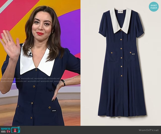 Miu Miu Pleated Marocain Midi-dress in Navy worn by Aubrey Plaza on Today