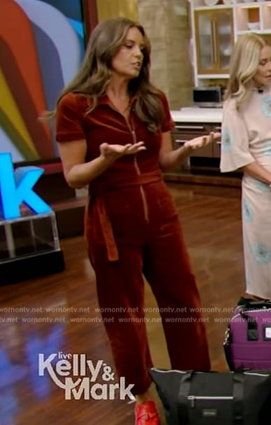 Monica Mangin’s burgundy corduroy jumpsuit on Live with Kelly and Mark