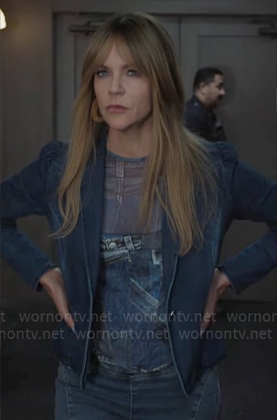 Morgan’s denim print corset and blazer on High Potential