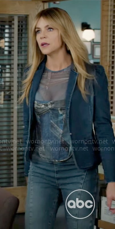 Morgan’s denim print corset and blazer on High Potential