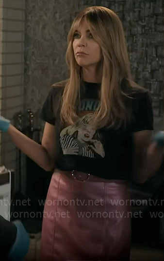 Morgan’s Monday Again t-shirt and metallic pink mini skirt on High Potential
