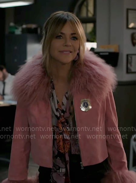Morgan’s pink fur trim jacket on High Potential